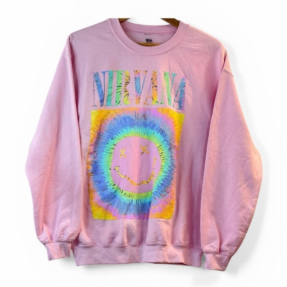Nirvana Sweatshirt Women M Pink Tie Dye Smiley Face Graphic Crewneck Pullover